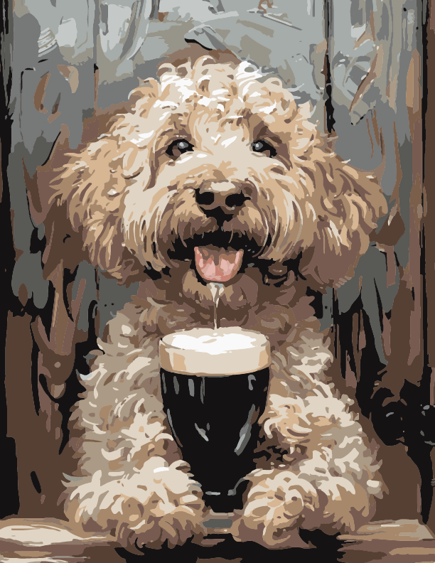 Goldendoodle dog at a pub with a pint of stout, painterly illustration