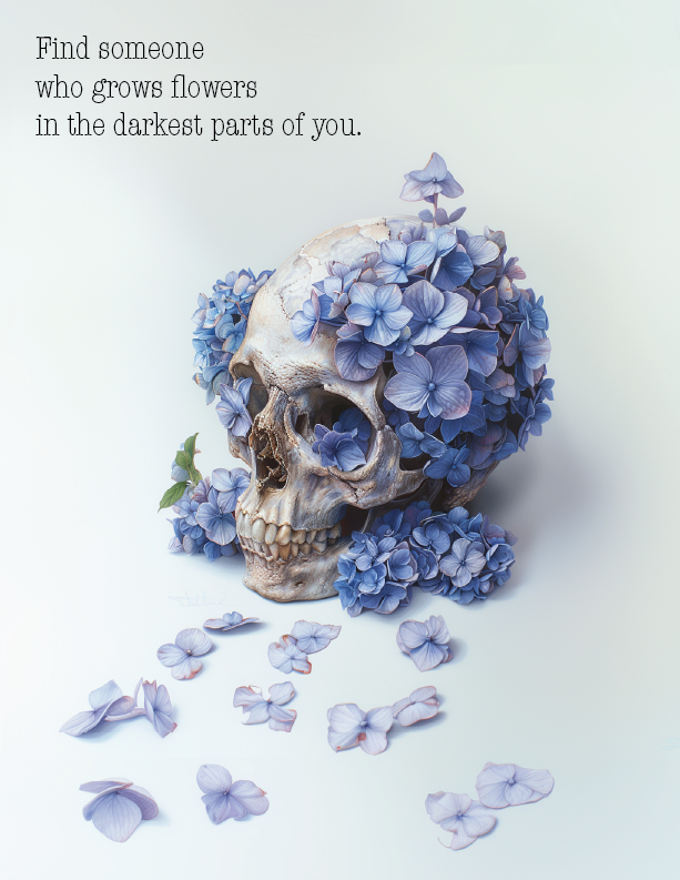 Skull with blue hydrangeas portrait print