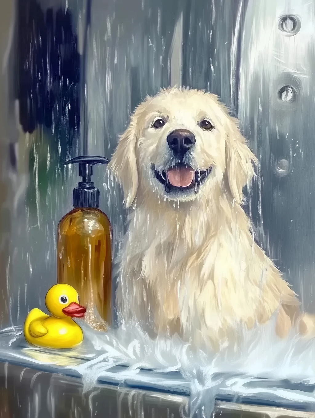 Happy golden retriever in shower with rubber duck, oil painting style
