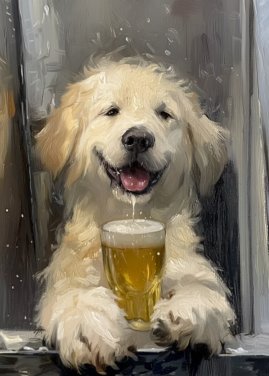 Fluffy dog holding a pint glass of lager, impressionist oil painting style