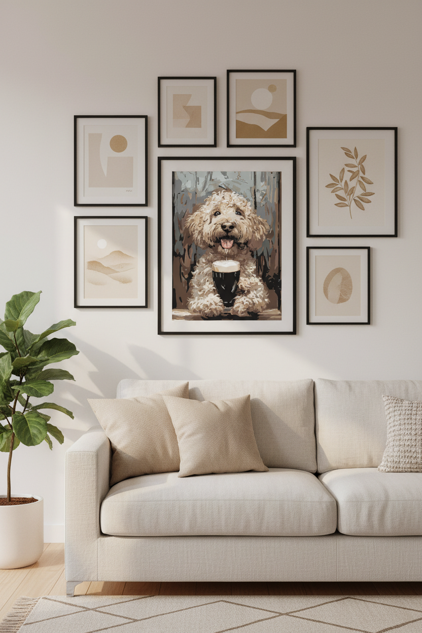 Goldendoodle pub print on a living room gallery wall