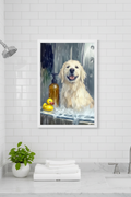 Bath dog print displayed in a modern bathroom