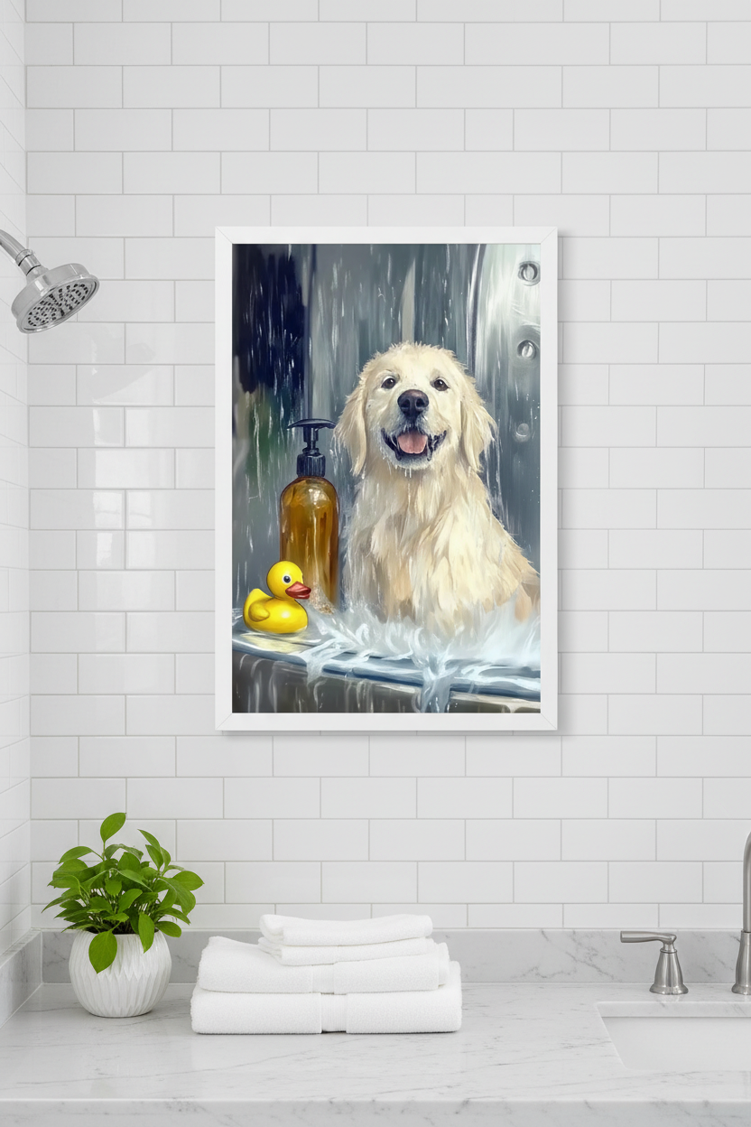 Bath dog print displayed in a modern bathroom