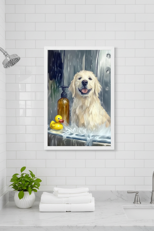 Bath dog print displayed in a modern bathroom