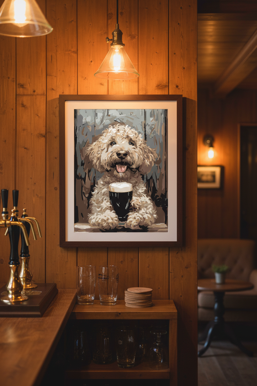 Goldendoodle pub print displayed in a home bar setting